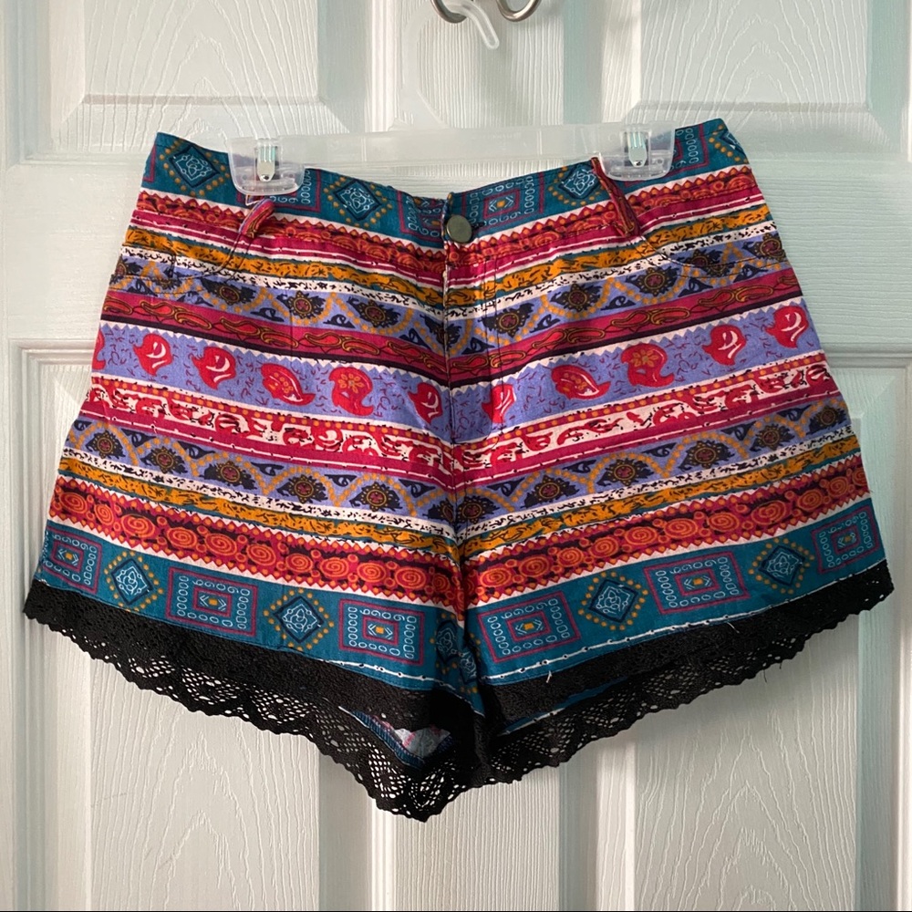 Angie Multicolor Boho Stripe Lace Trim Shorts